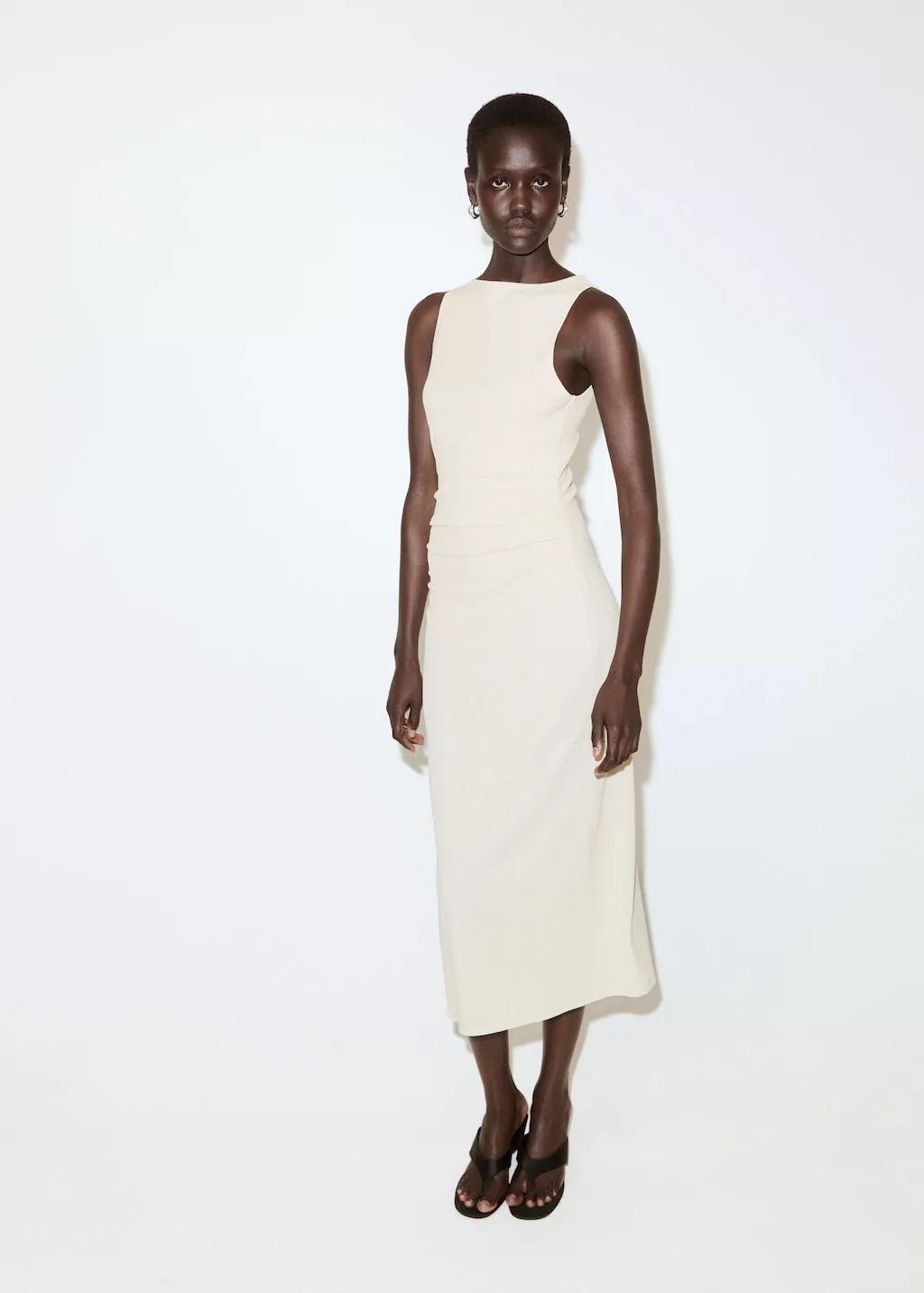 White Fitted Dress With A Draped Waist, Natural White, large image number 0