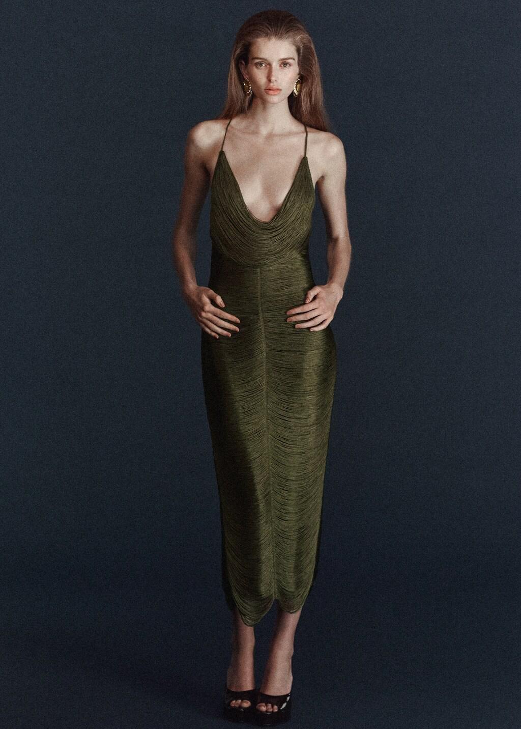 Khaki Fringed Dress With Low Back, Beige - Khaki, large image number 0