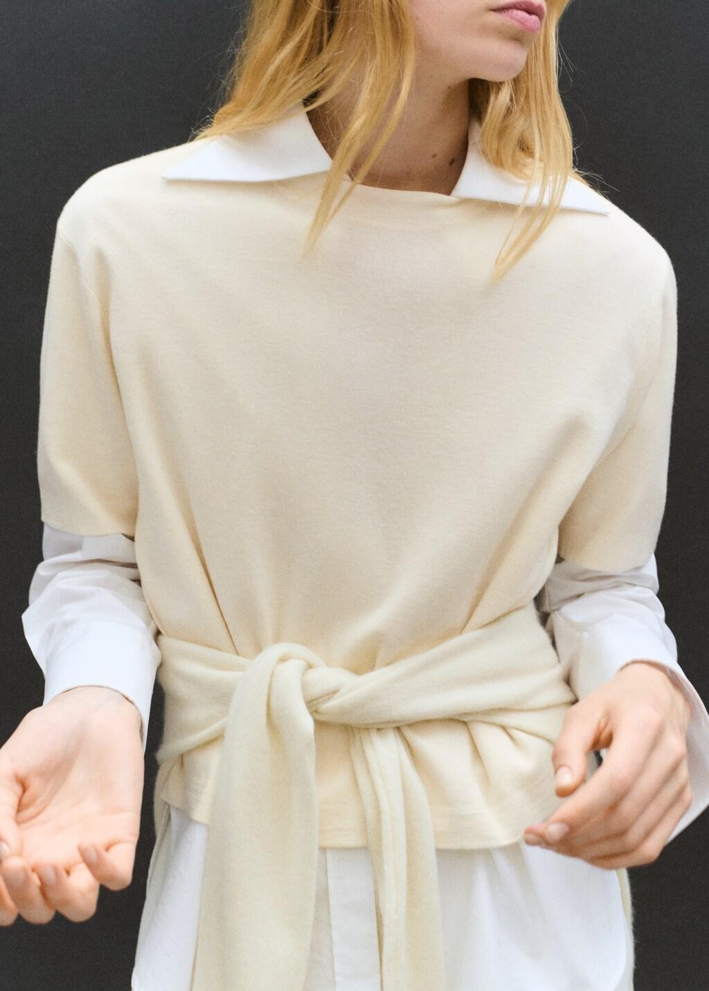 Beige Short-Sleeved Wool Sweater, Light Beige, large image number 6