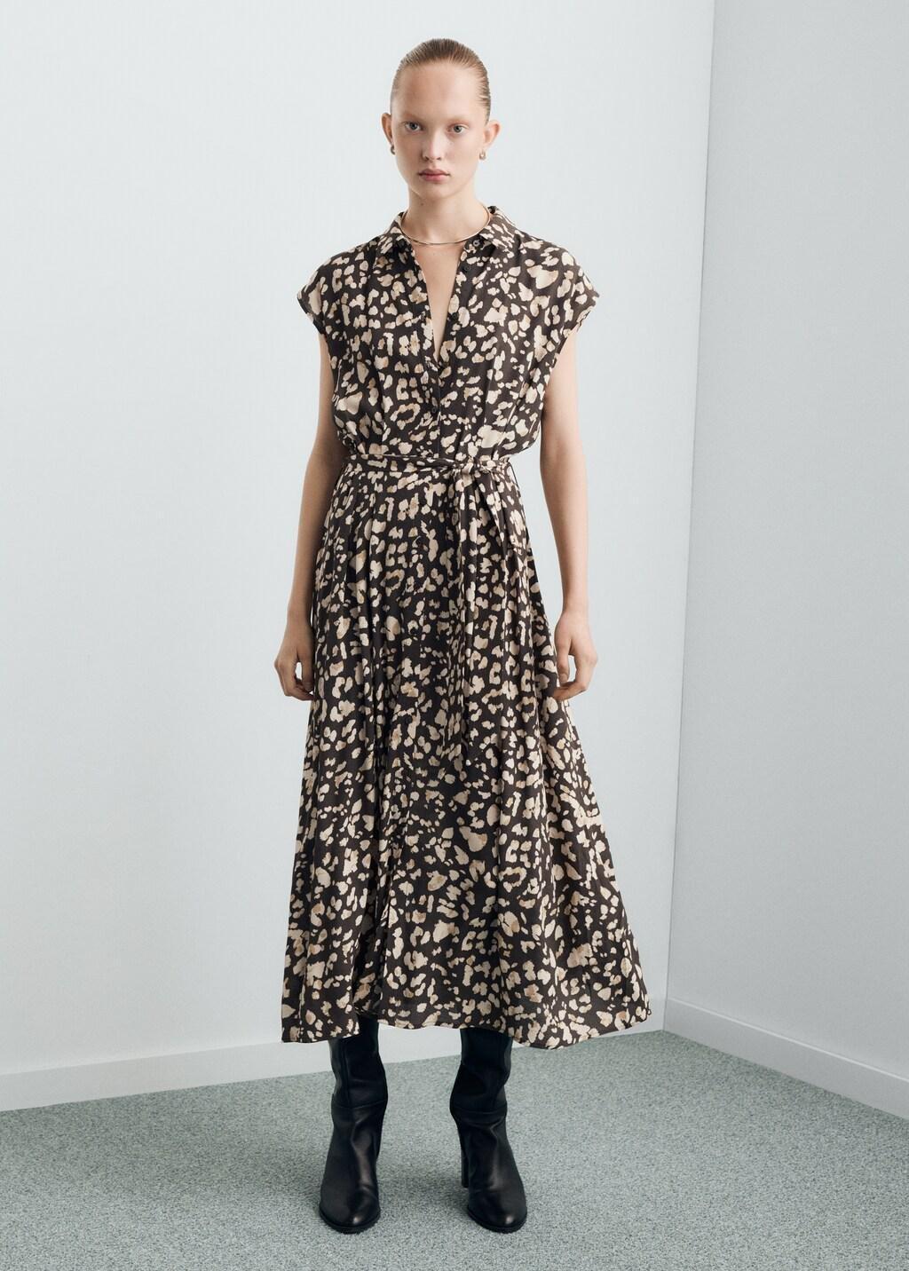 Brown Printed Shirt Dress With Belt, Brown, medium