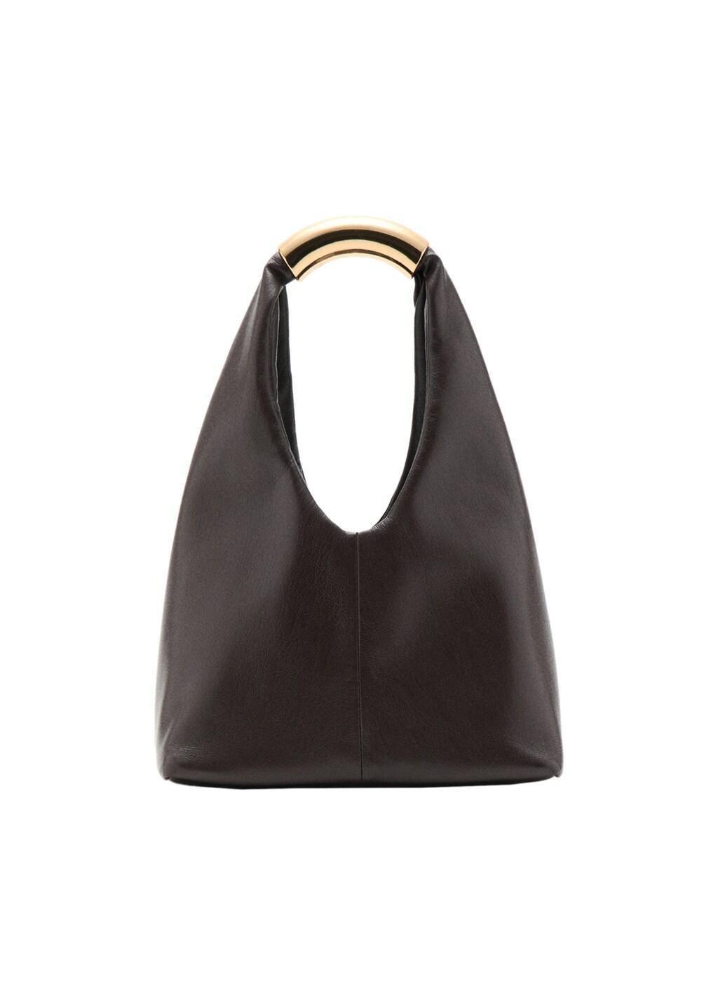 Brown Handbag With Metal Handle, Dark Brown, large image number 2