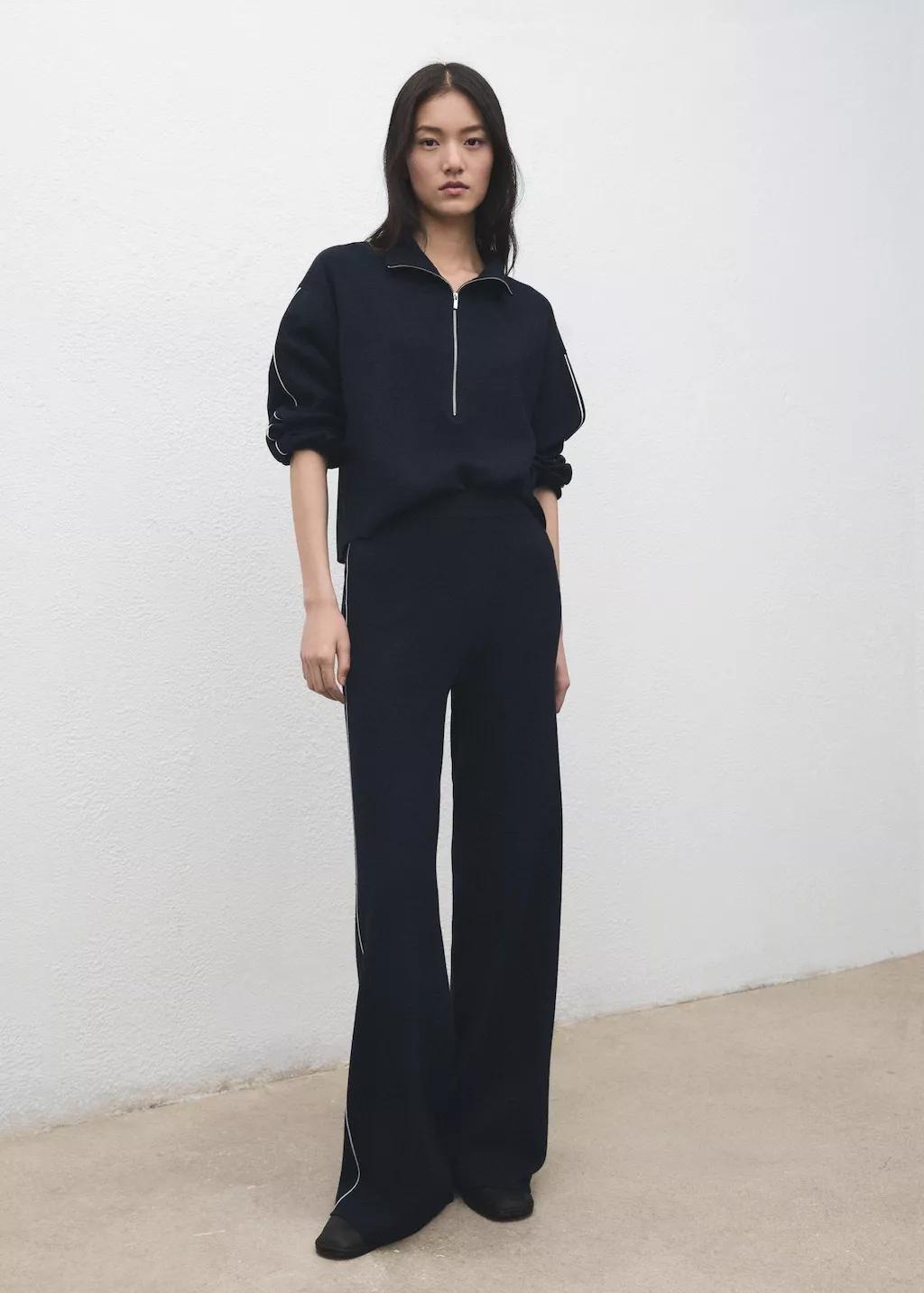 Navy Zip Neck Contrast-Stripe Sweater, Navy, medium
