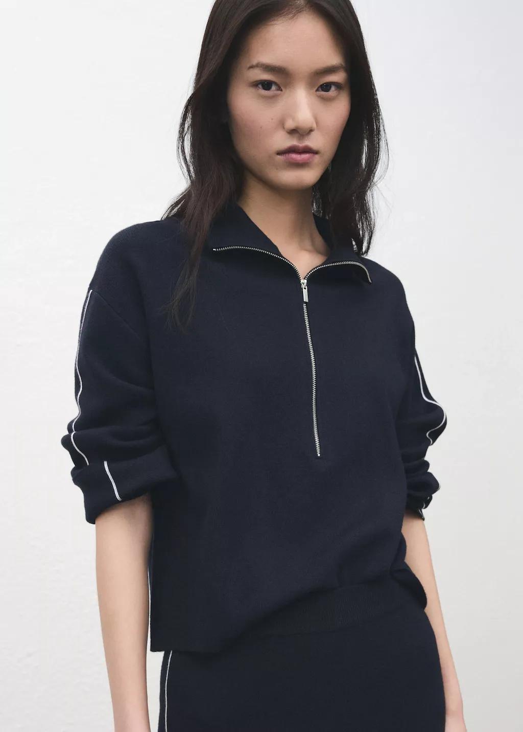 Navy Zip Neck Contrast-Stripe Sweater, Navy, large image number 4