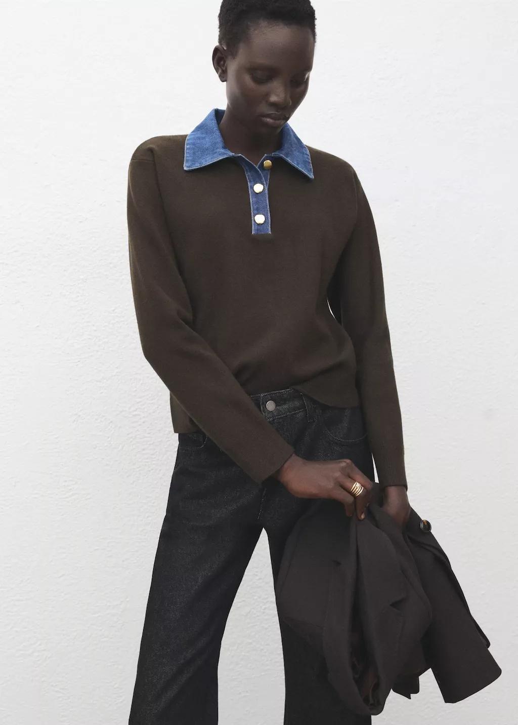 Brown Combined Shirt-Collar Sweater, 0201_32, large image number 3