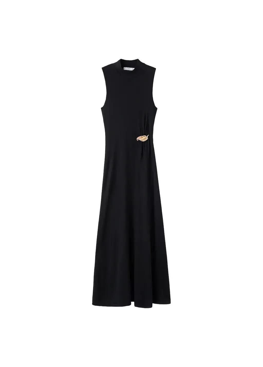 Black Turtleneck Knitted Dress With Brooch, Black, large image number 7