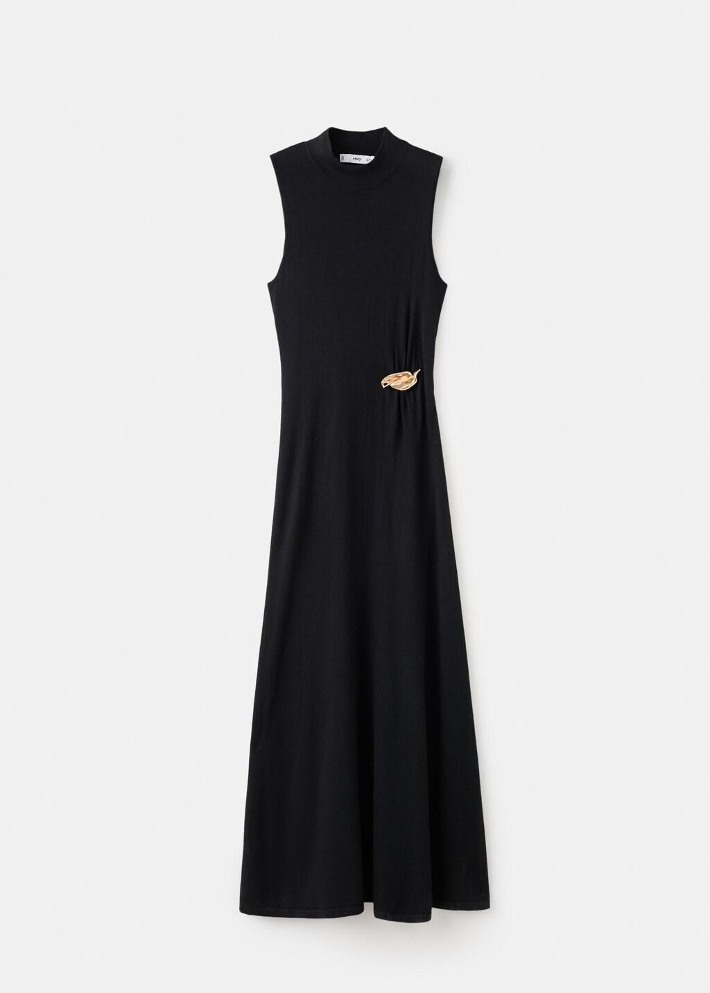 Black Turtleneck Knitted Dress With Brooch, Black, large image number 8