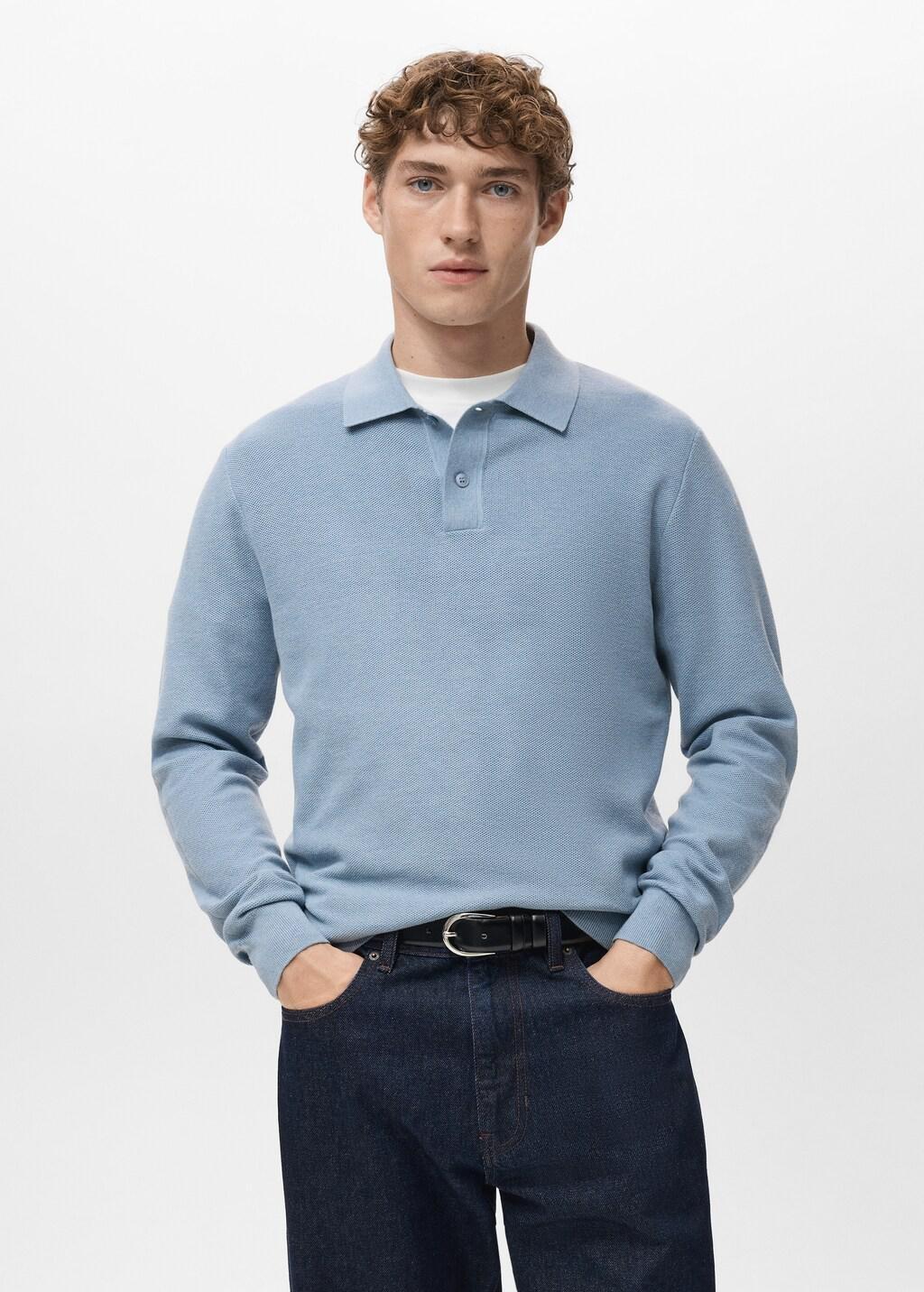 Blue Micro-Structured Cotton Polo Shirt, Light-Pastel Blue, large image number 3