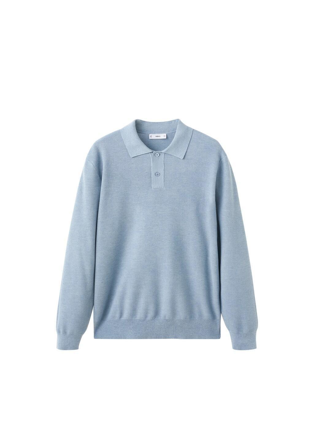 Blue Micro-Structured Cotton Polo Shirt, Light-Pastel Blue, large image number 6