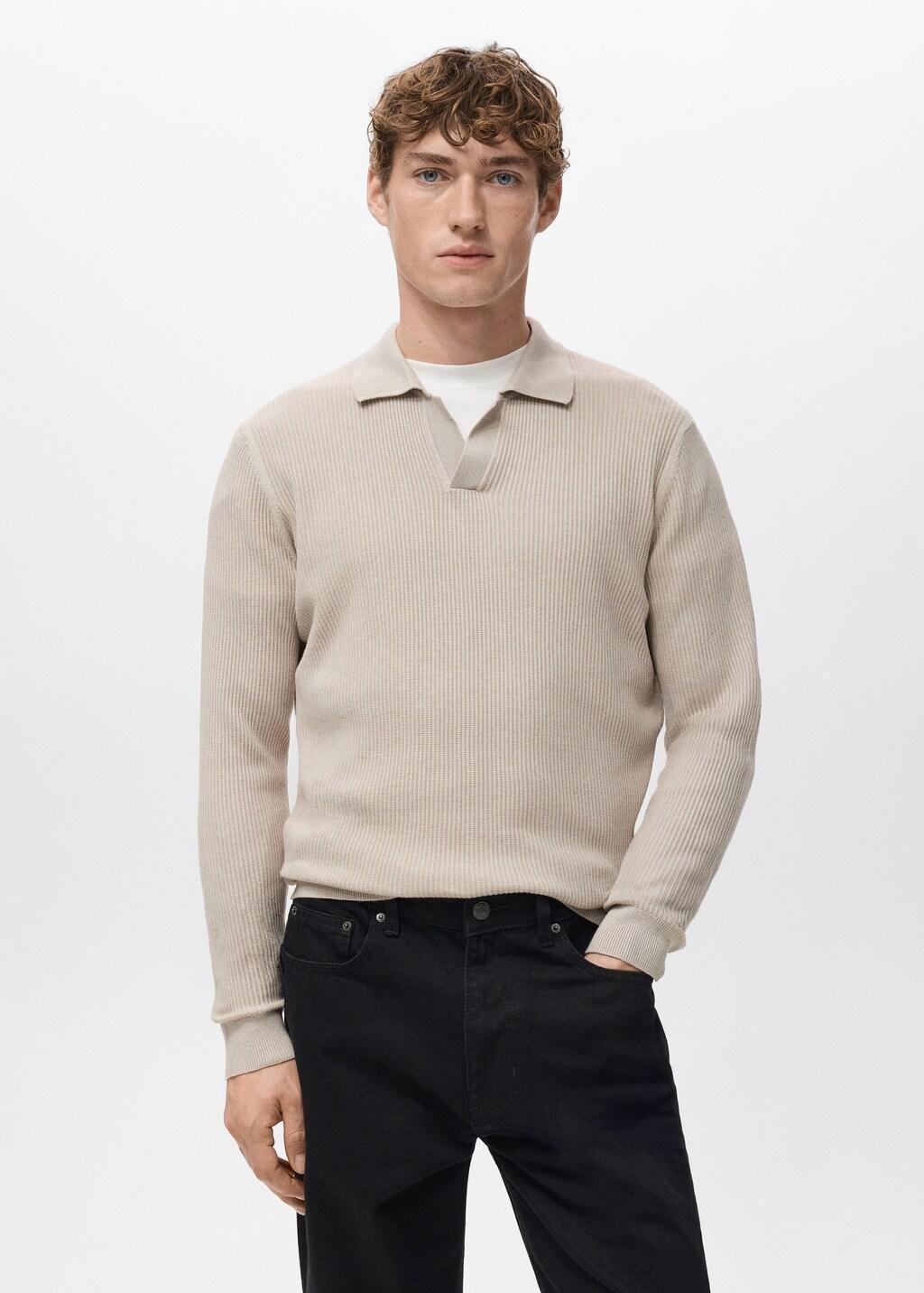 Beige Cotton-Blend Ribbed Polo Sweater, Light Beige, large image number 3