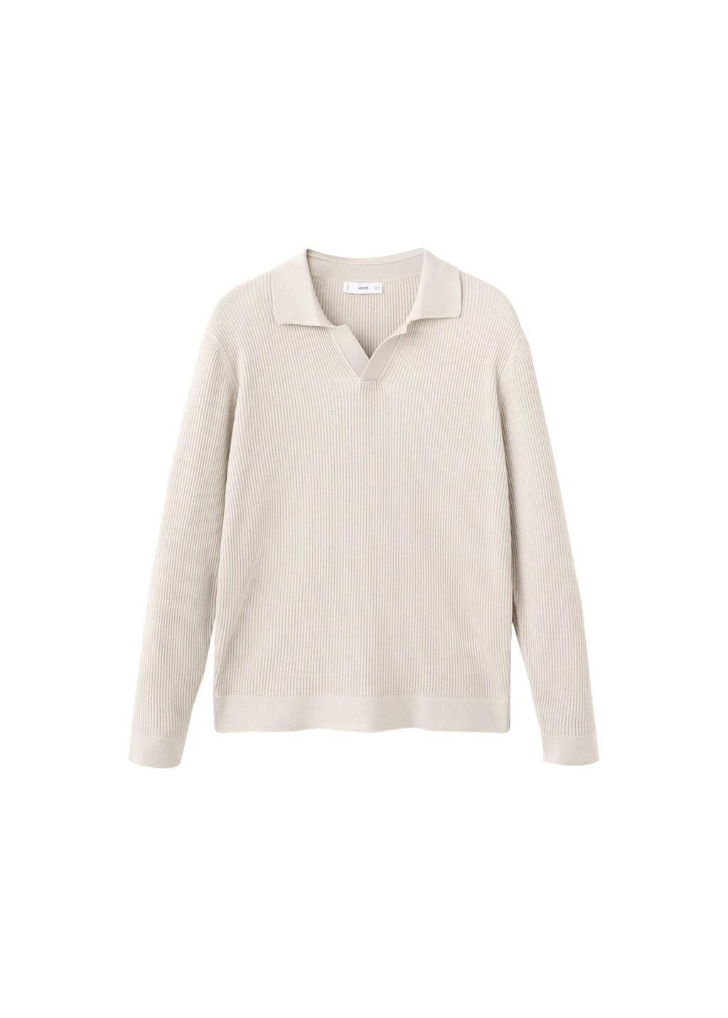 Beige Cotton-Blend Ribbed Polo Sweater, Light Beige, large image number 6