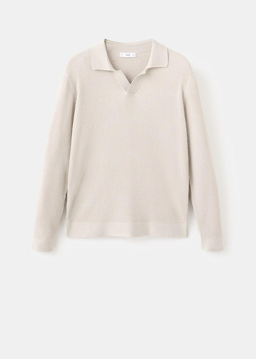 Beige Cotton-Blend Ribbed Polo Sweater, Light Beige, large image number 7