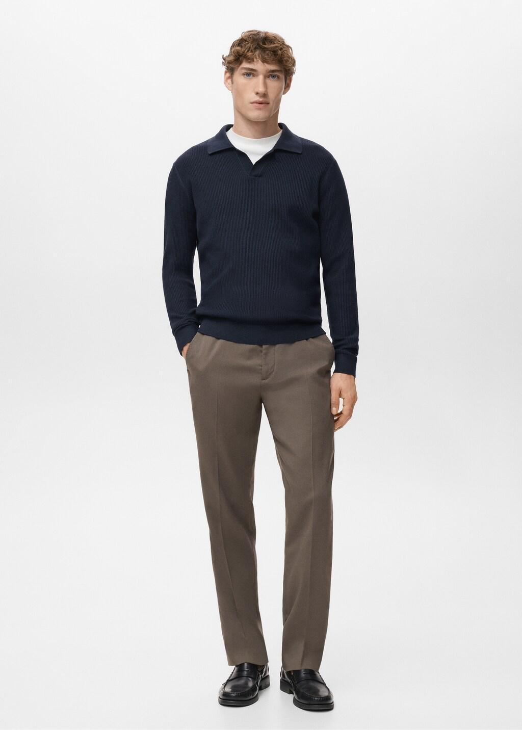 Navy Cotton-Blend Ribbed Polo Sweater, Navy, large image number 0