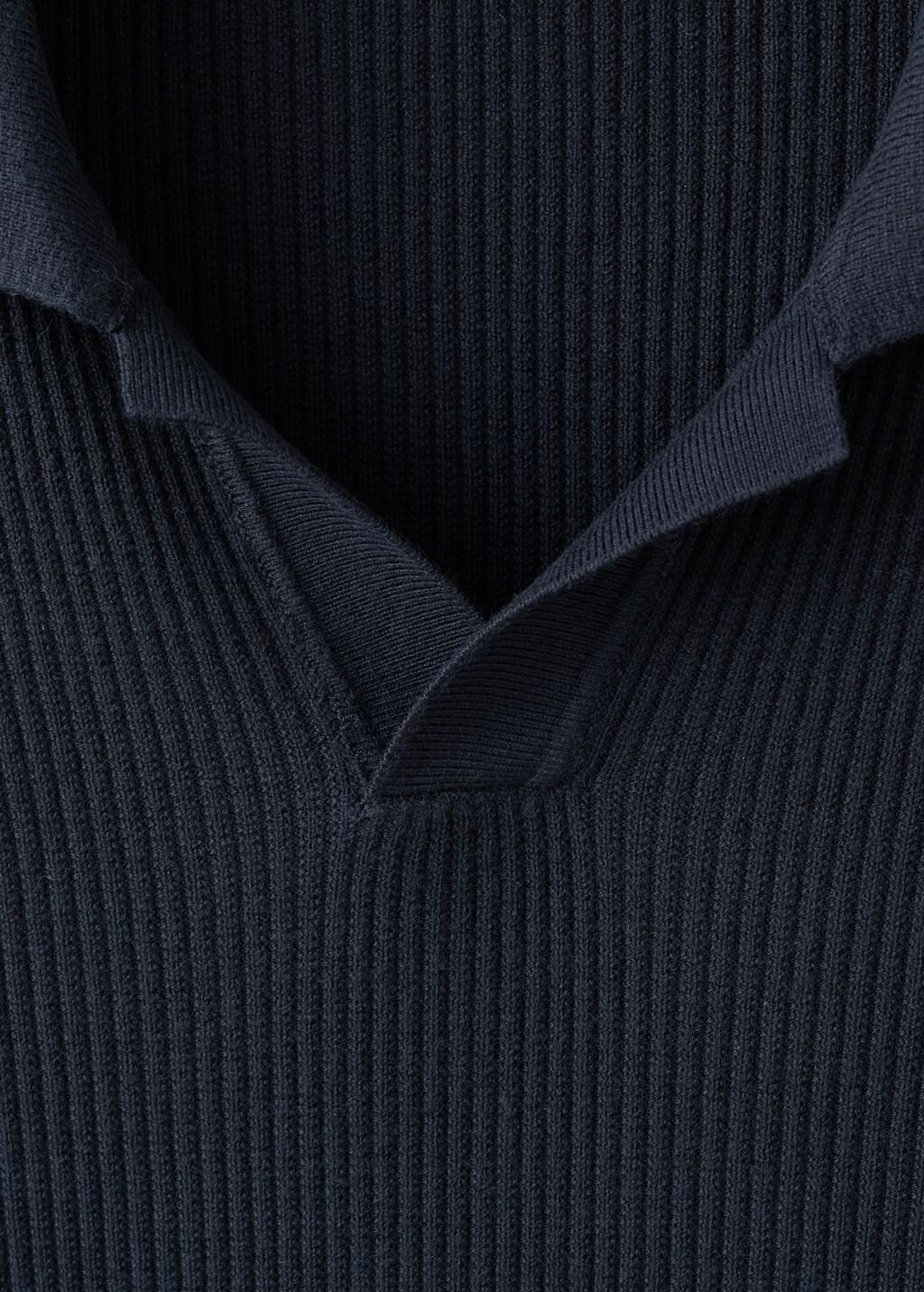 Navy Cotton-Blend Ribbed Polo Sweater, Navy, large image number 1