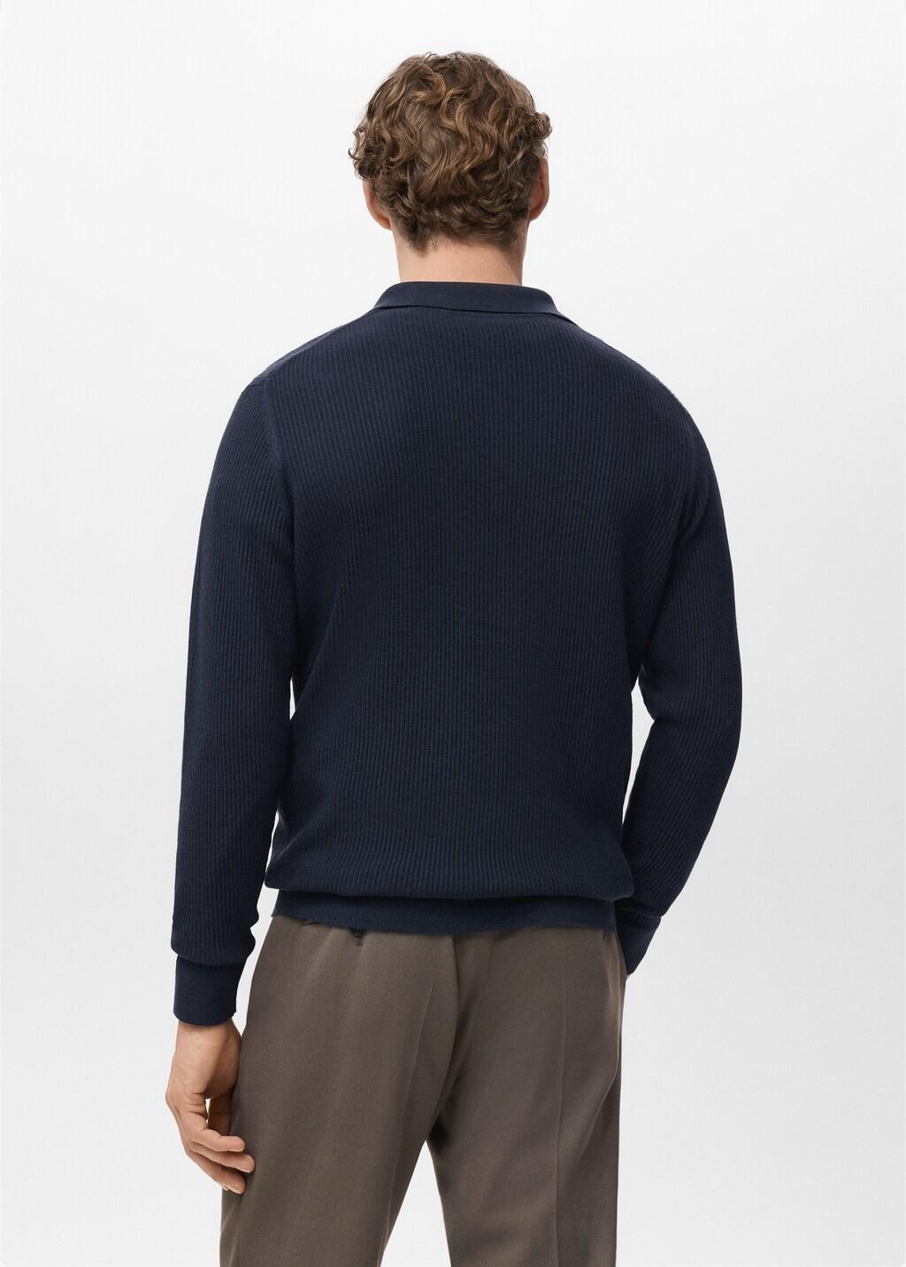 Navy Cotton-Blend Ribbed Polo Sweater, Navy, large image number 2