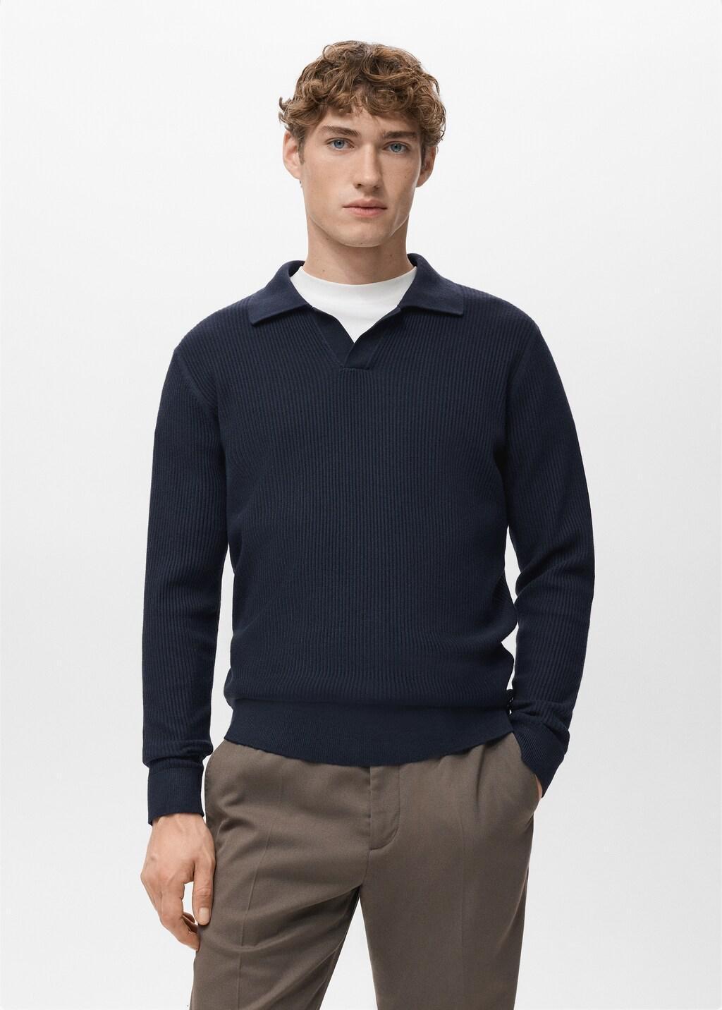 Navy Cotton-Blend Ribbed Polo Sweater, Navy, large image number 3