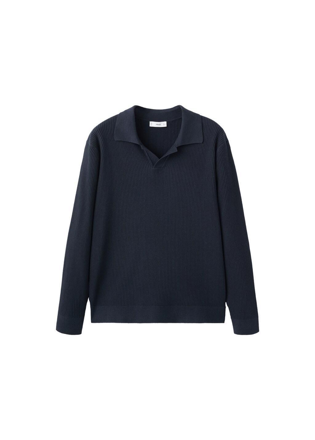 Navy Cotton-Blend Ribbed Polo Sweater, Navy, large image number 6