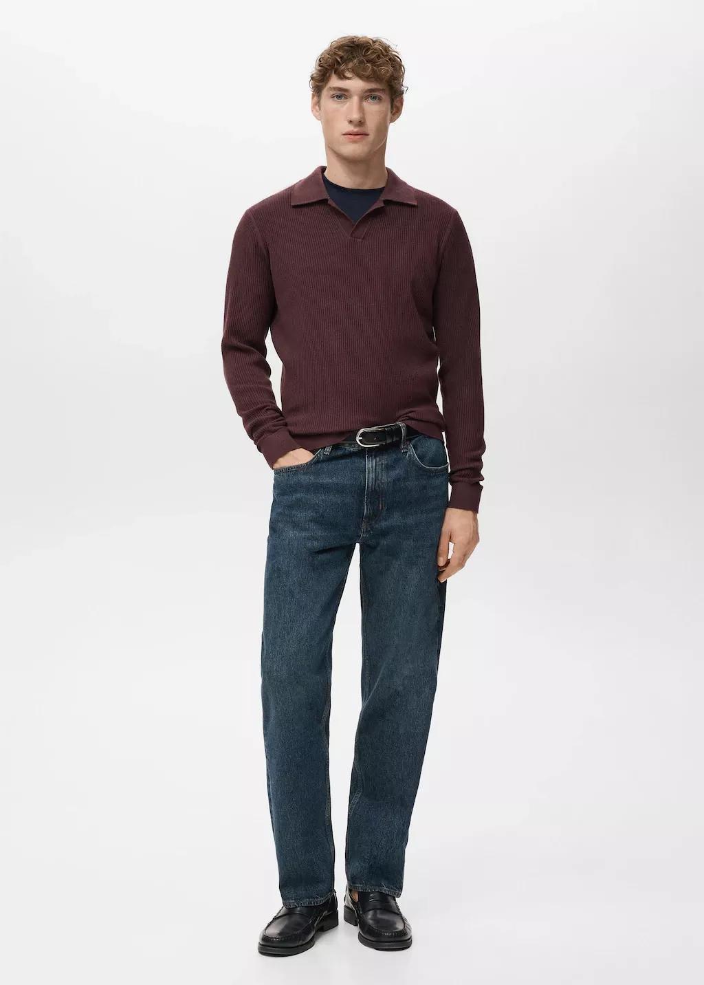 Red Cotton-Blend Ribbed Polo Sweater, Dark Red, large image number 0