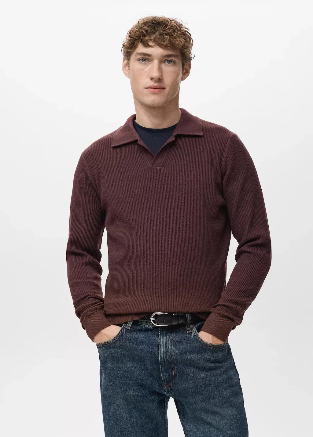 Red Cotton-Blend Ribbed Polo Sweater, Dark Red, large image number 3
