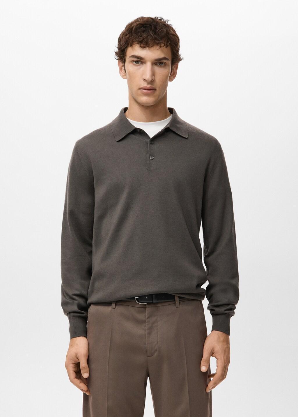 Brown Merino Wool Polo Sweater, Medium Brown, large image number 3