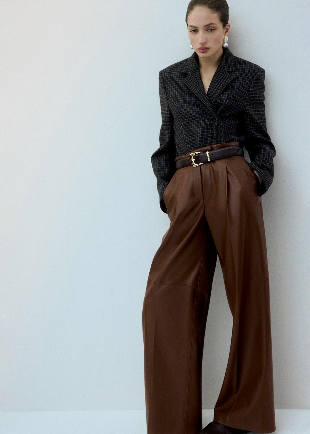 Brown Wide-Leg Faux-Leather Trousers, Medium Brown, large image number 0