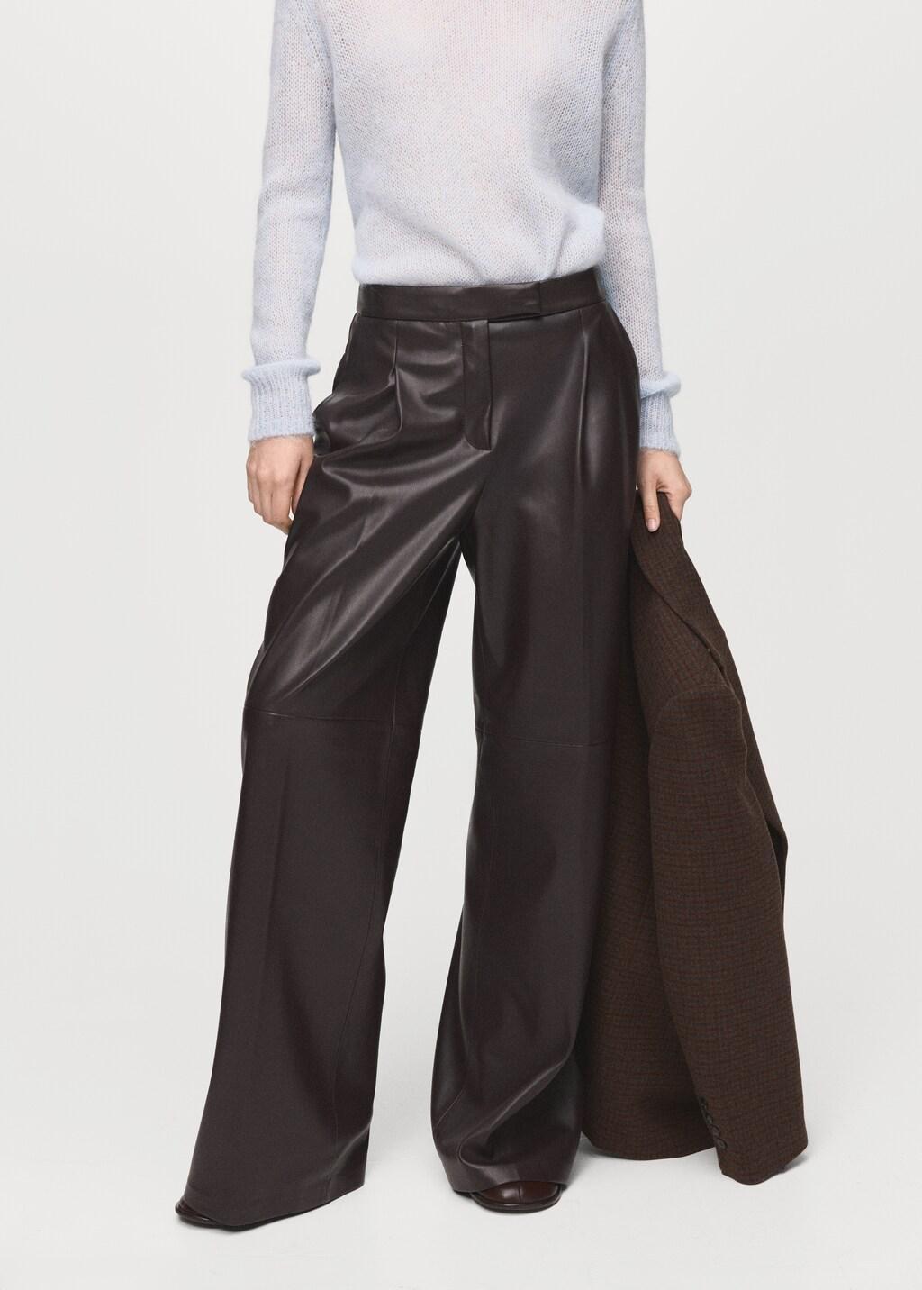 Brown Wide Leg Faux-Leather Trousers, 0201_32, large image number 3