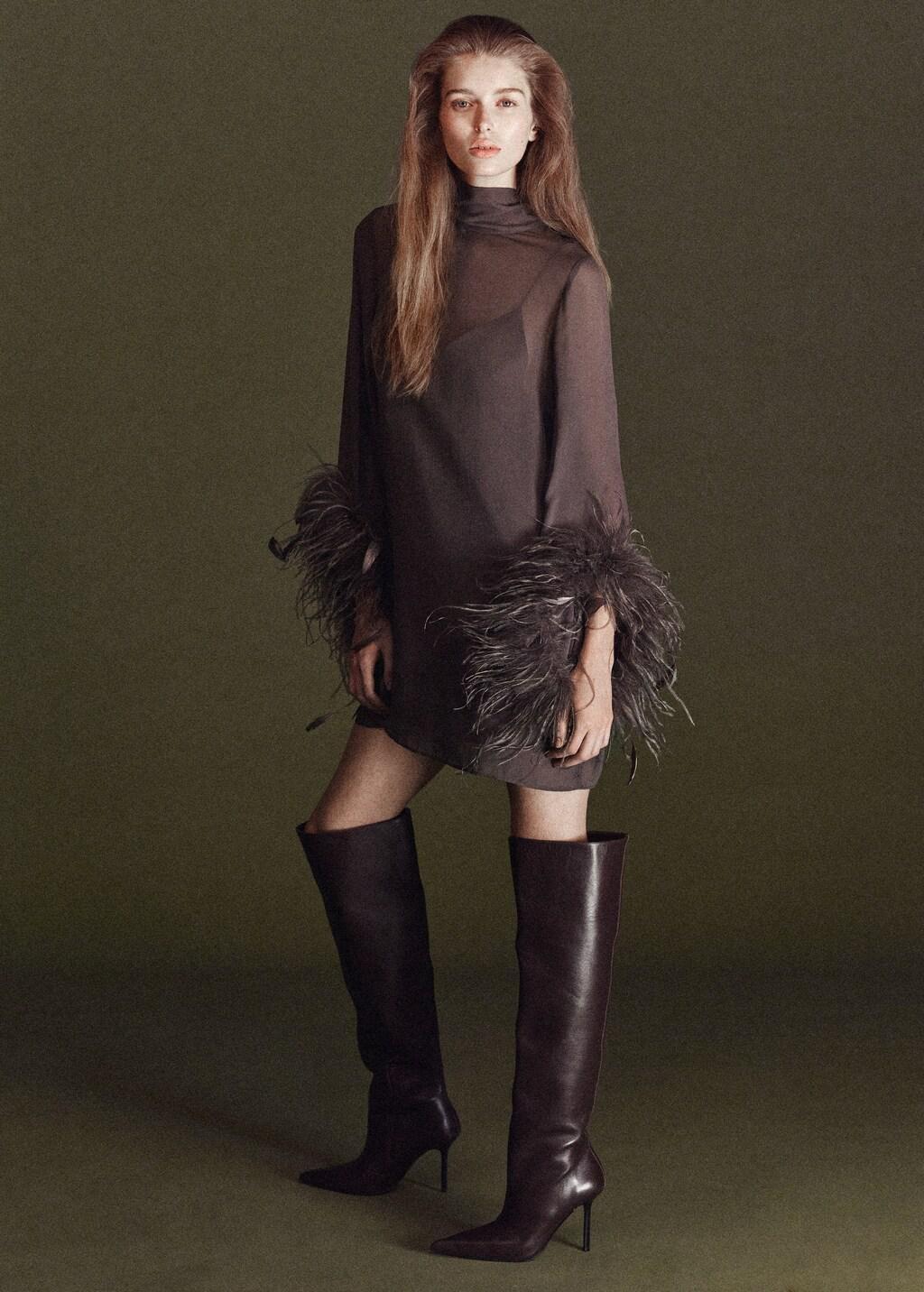 Brown Bell-Sleeved Feather Dress, Medium Brown, medium
