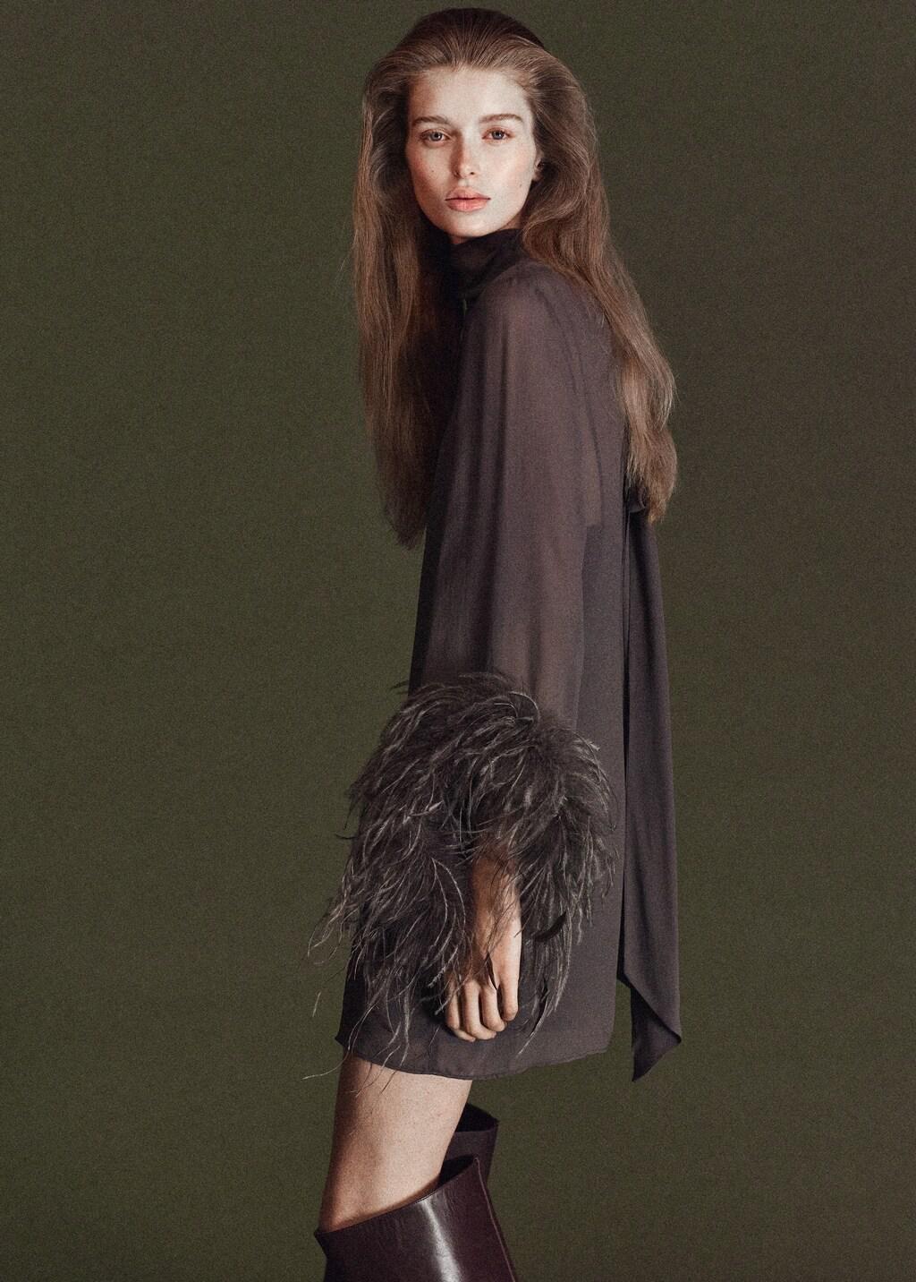 Brown Bell-Sleeved Feather Dress, Medium Brown, large image number 4