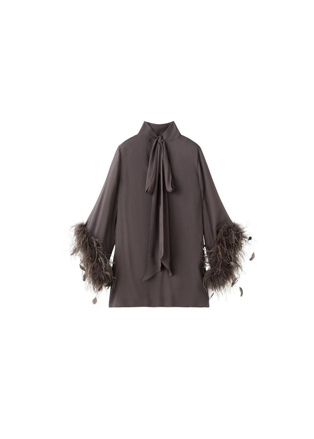 Brown Bell-Sleeved Feather Dress, Medium Brown, large image number 6
