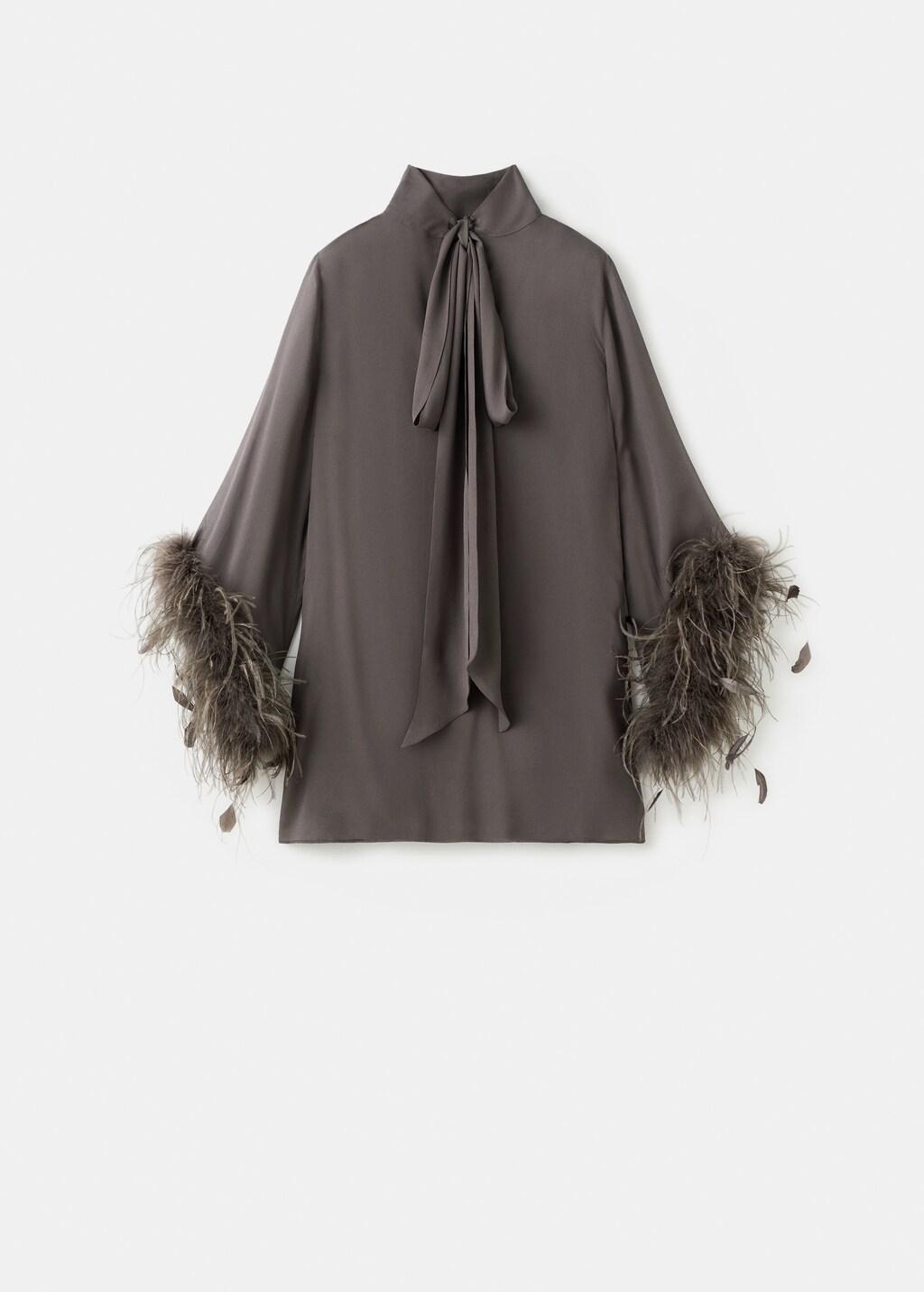 Brown Bell-Sleeved Feather Dress, Medium Brown, large image number 7