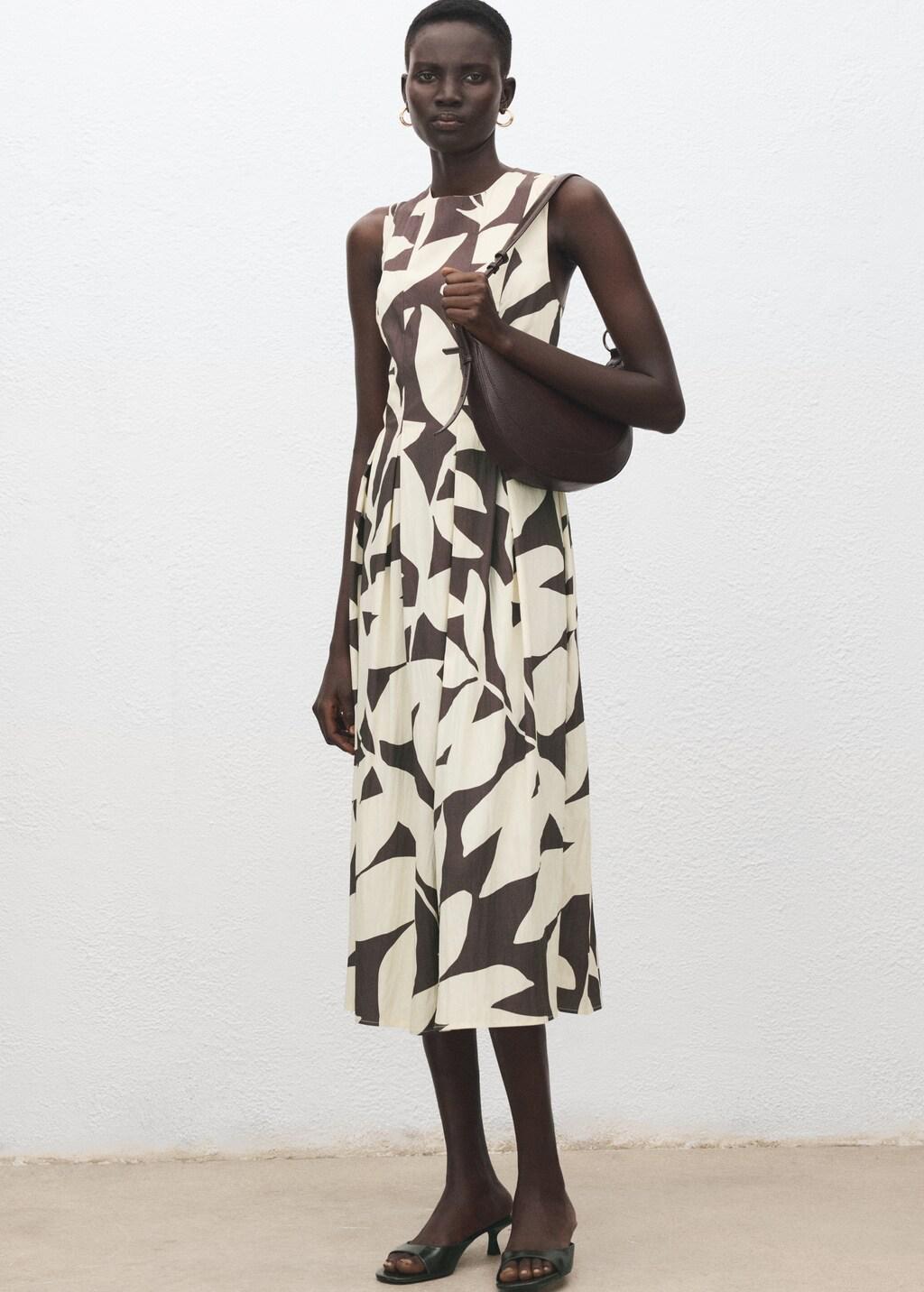 Beige Floral-Print Flared Dress, Light Beige, medium