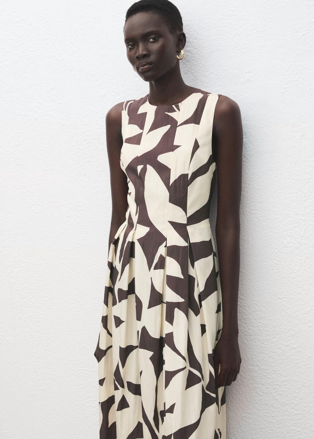 Beige Floral-Print Flared Dress, 0201_08, large image number 3