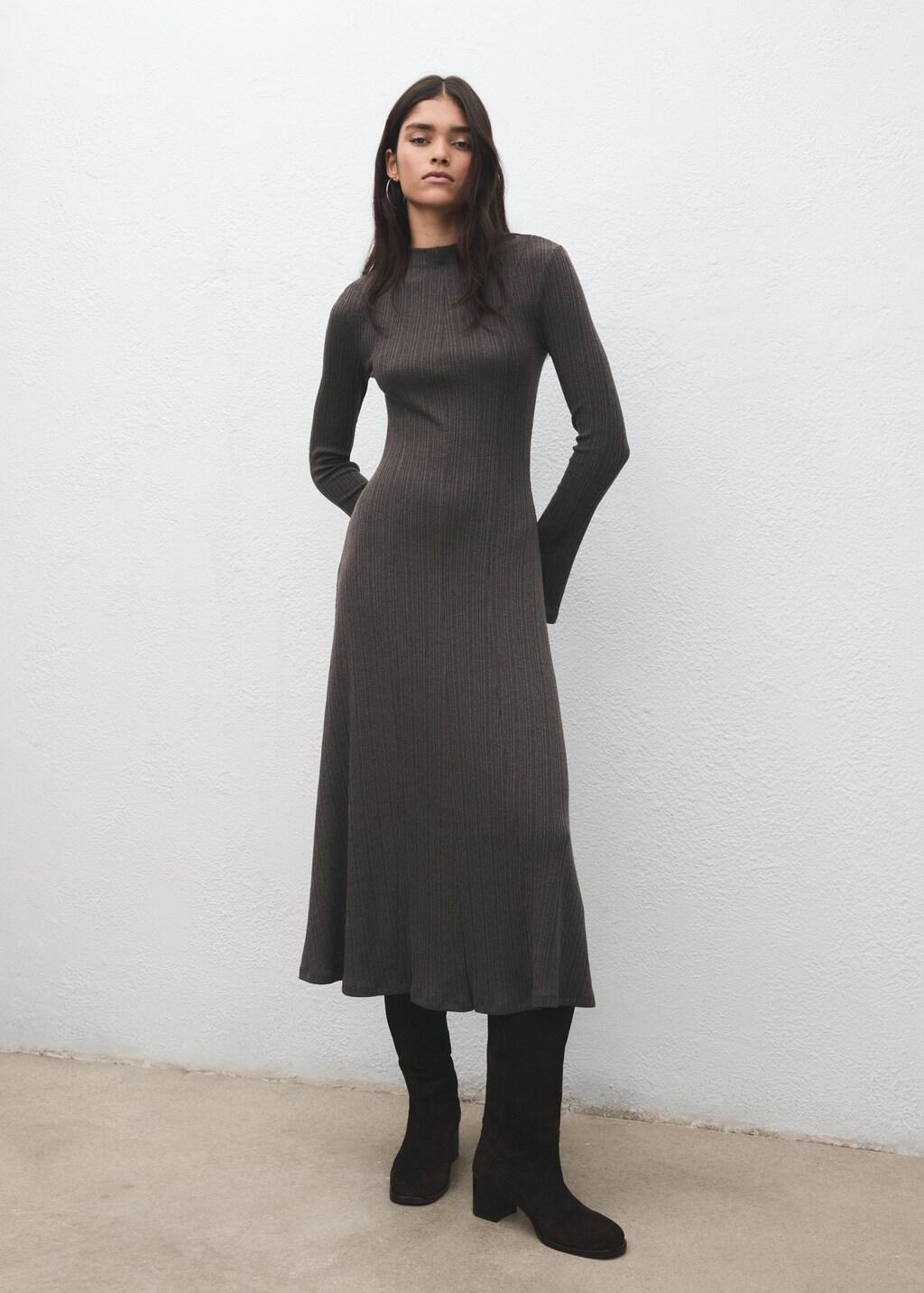 Brown Knitted Dress With Bell Sleeves, Medium Brown, medium