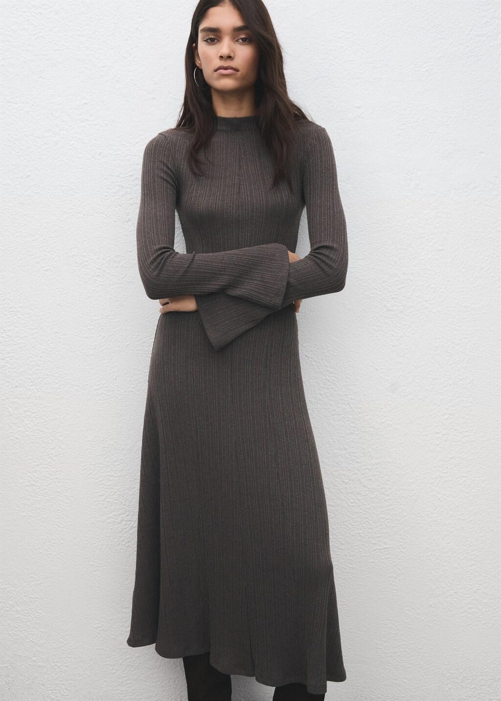 Brown Knitted Dress With Bell Sleeves, Medium Brown, large image number 3