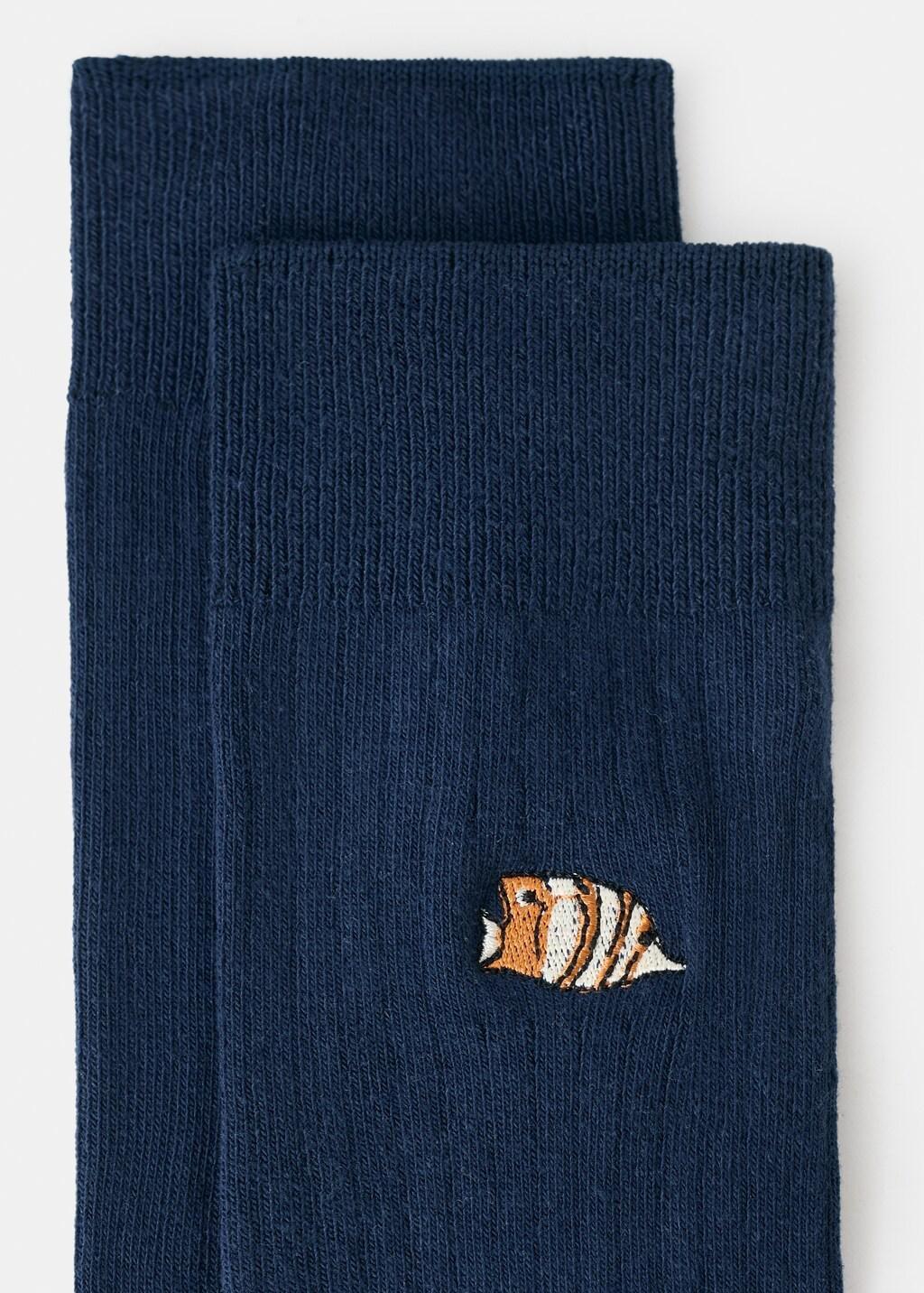 Navy Animal Embroidered Cotton Socks, Navy, large image number 0