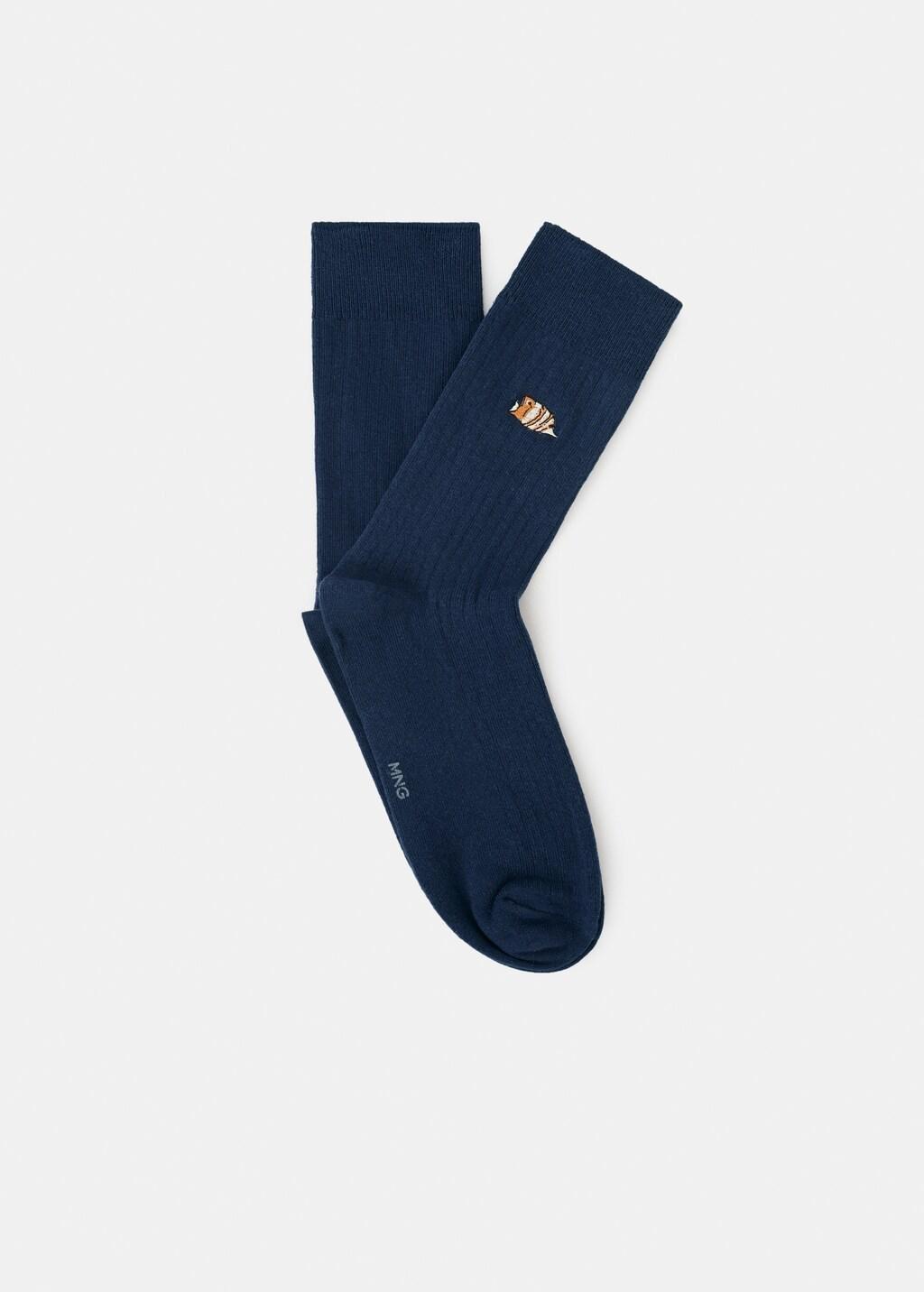 Navy Animal Embroidered Cotton Socks, Navy, large image number 3