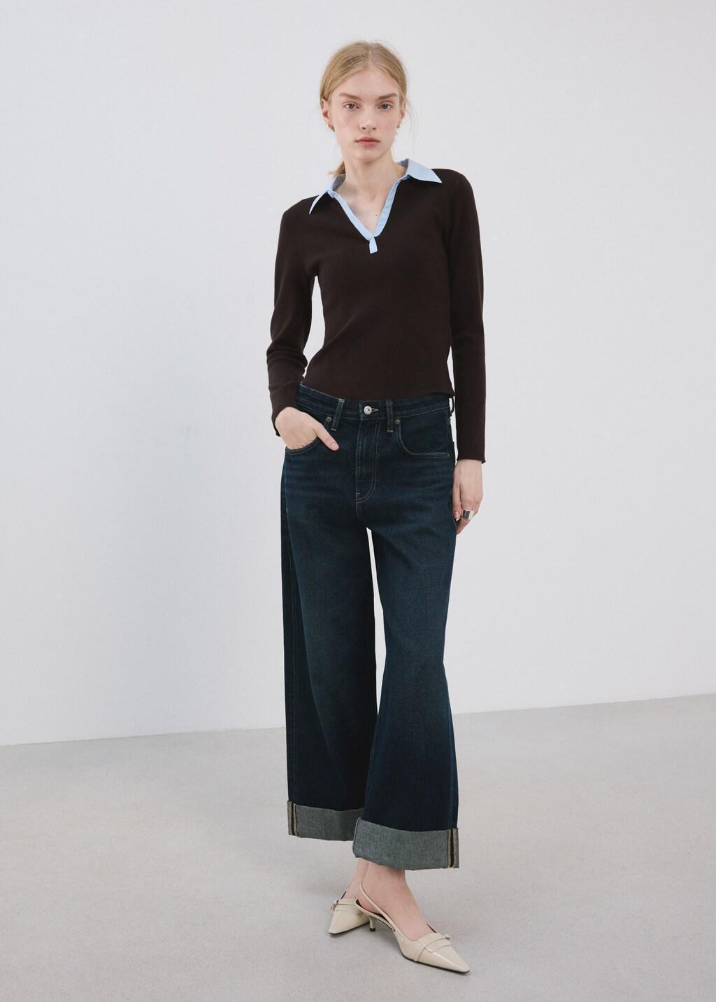 Brown Combined Shirt-Collar Sweater, Dark Brown, medium