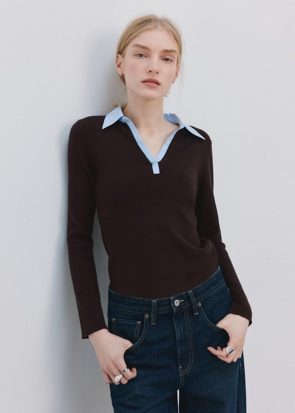 Brown Combined Shirt-Collar Sweater, 0201_32, large image number 3