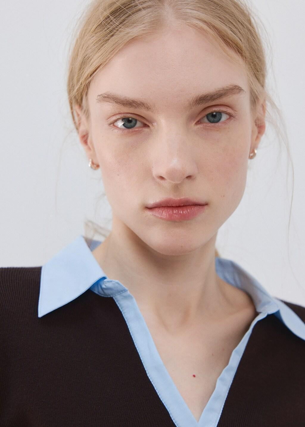 Brown Combined Shirt-Collar Sweater, 0201_32, large image number 4