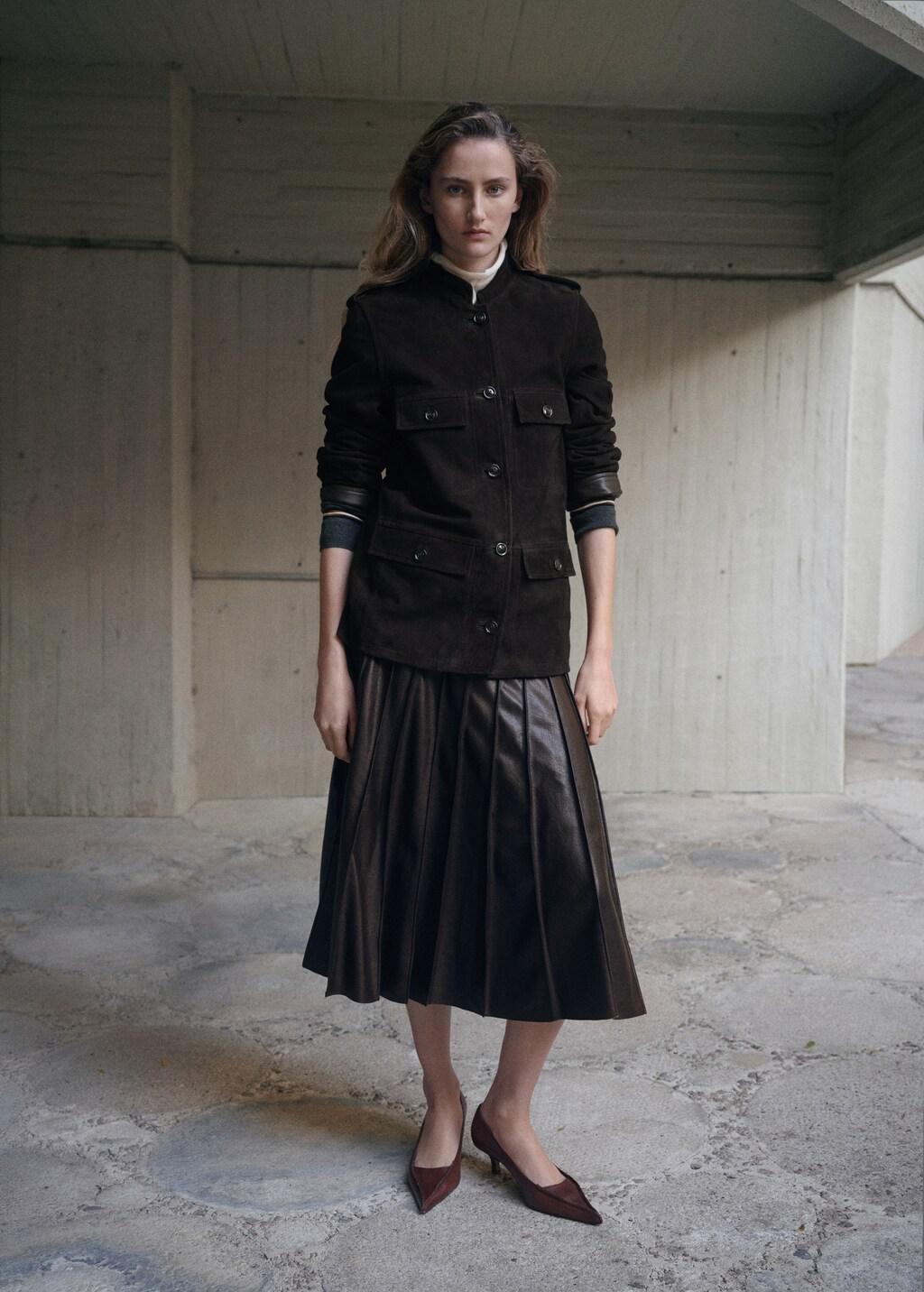 Brown Suede Jacket With Band Collar, Brown, large image number 0