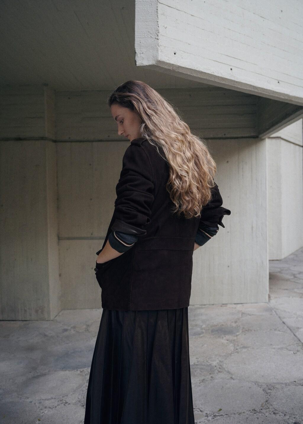 Brown Suede Jacket With Band Collar, Brown, large image number 2