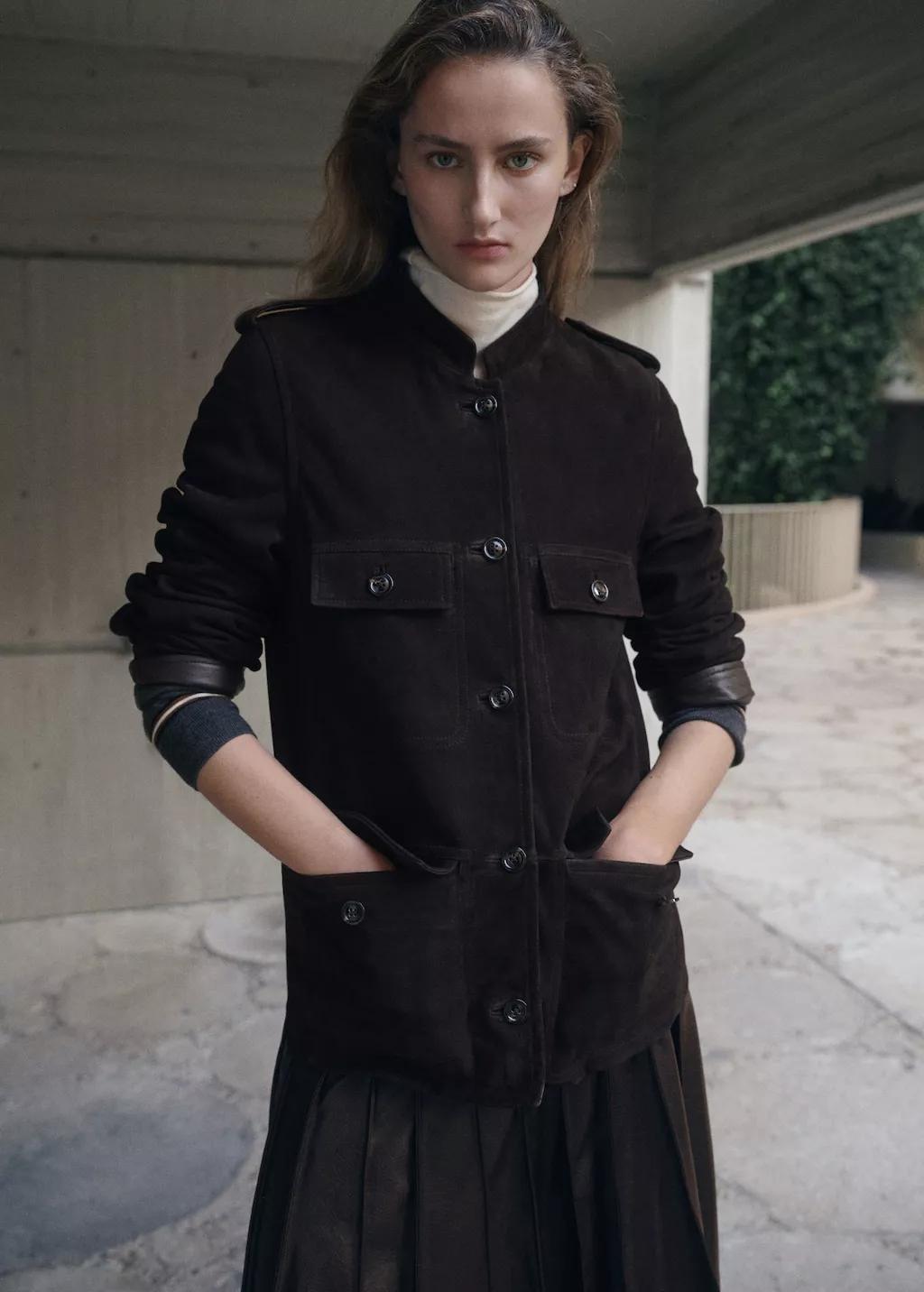 Brown Suede Jacket With Band Collar, Brown, large image number 3