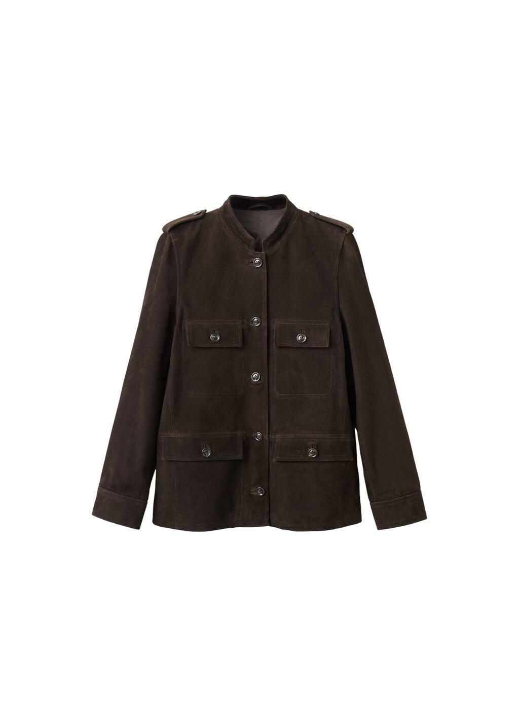 Brown Suede Jacket With Band Collar, Brown, large image number 6