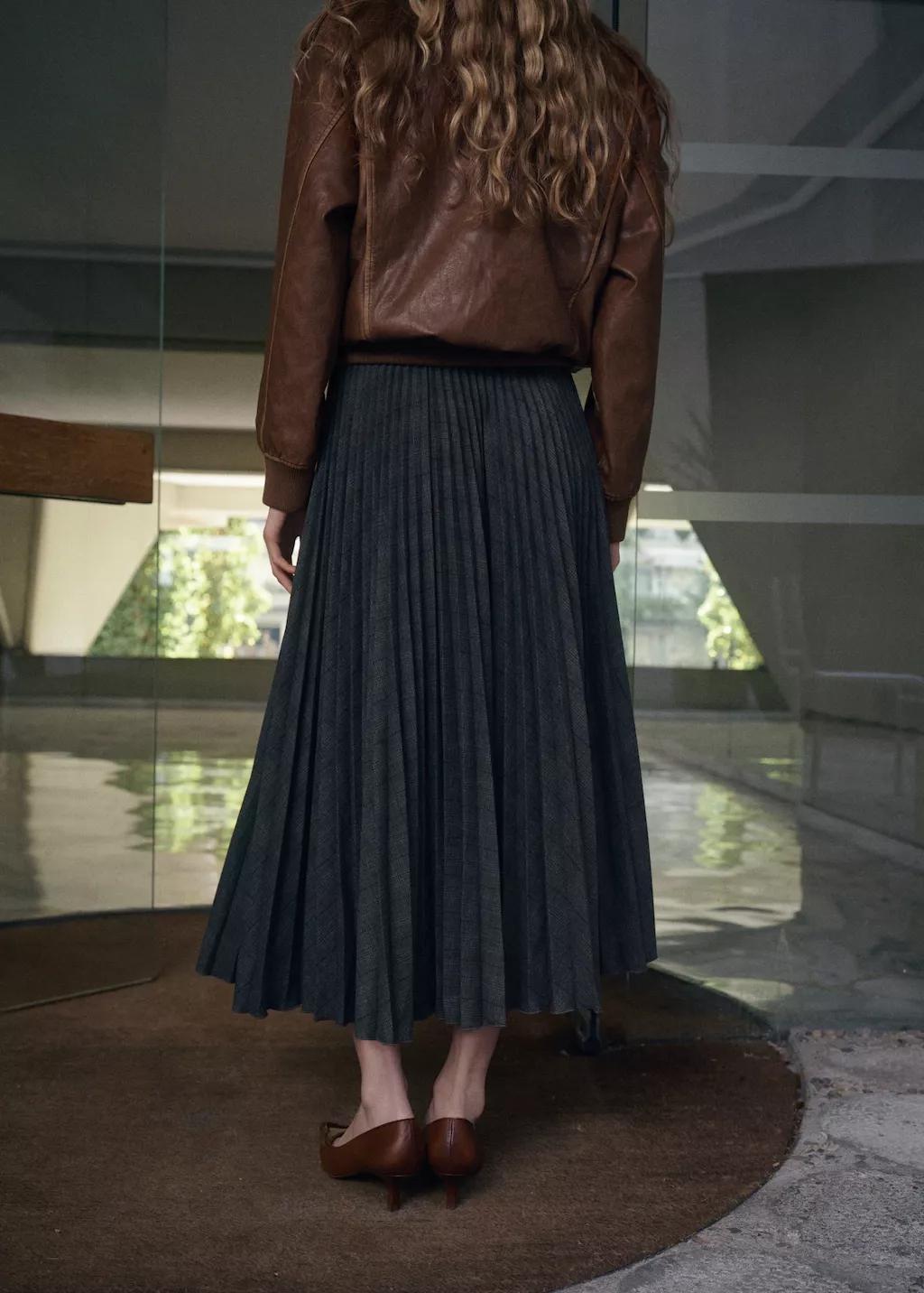 Grey Checked Pleated Skirt, 0201_92, large image number 2