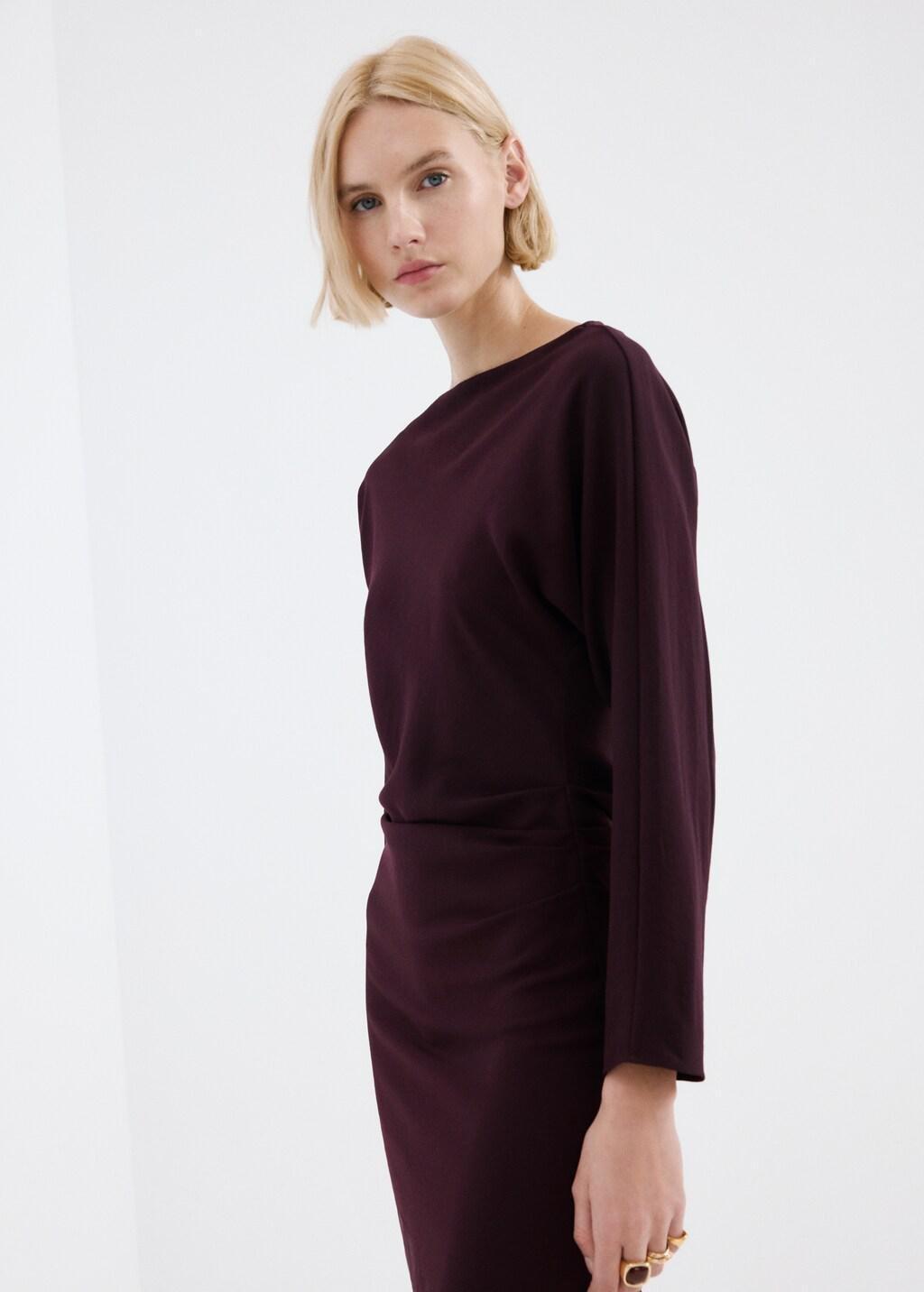 Red Boat-Neck Ruched Dress, Dark Red, large image number 3