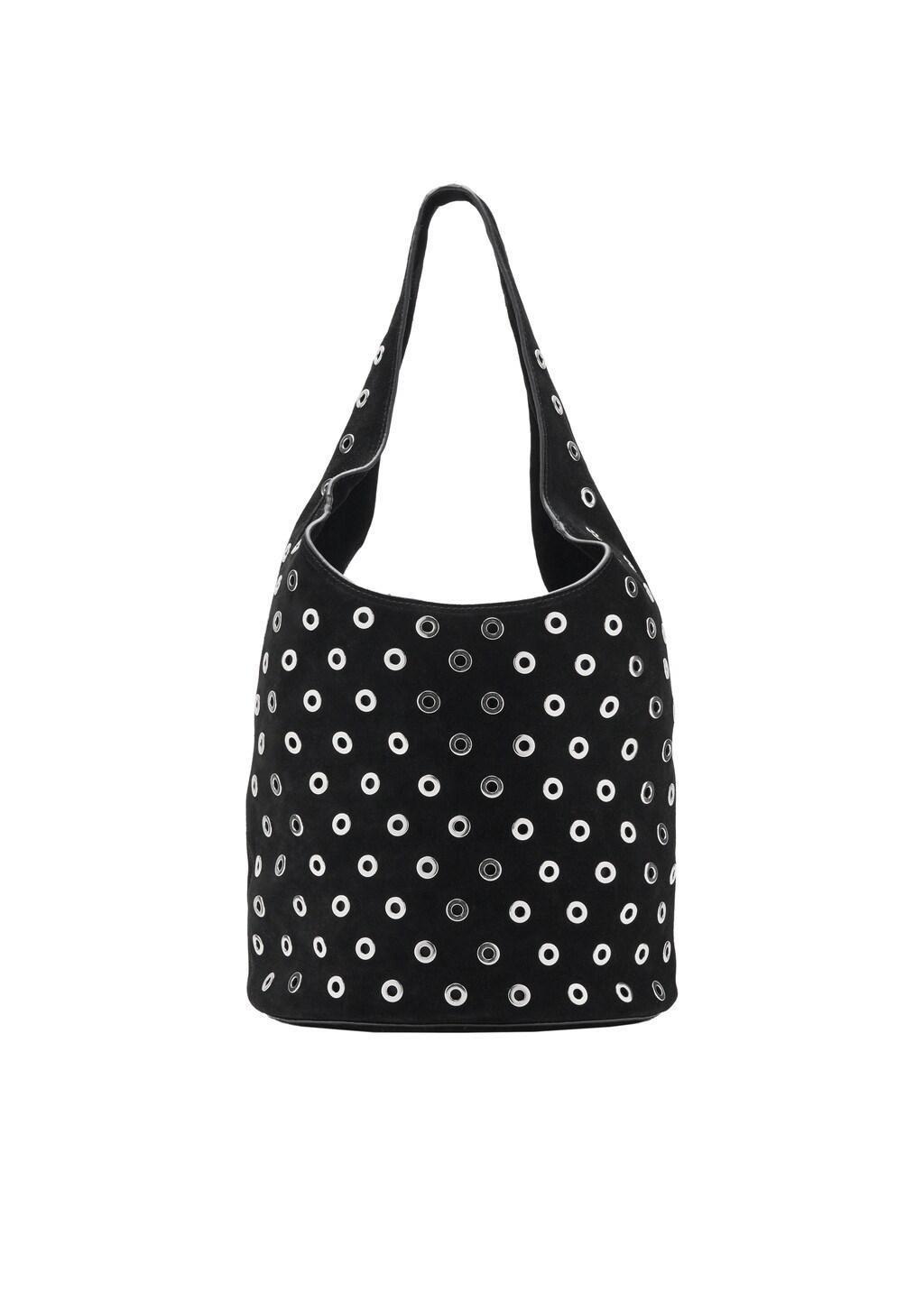 Black Leather Drawstring Bag With Eyelets, Black, medium