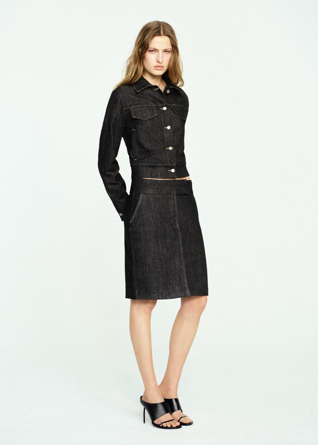 Black Denim Midi-Skirt, Black, large image number 0