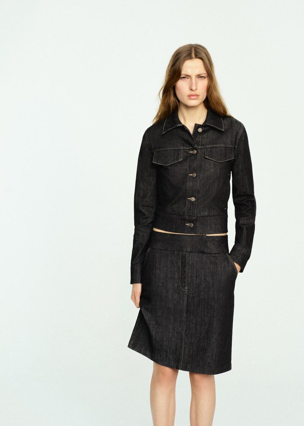 Black Denim Midi-Skirt, Black, large image number 3