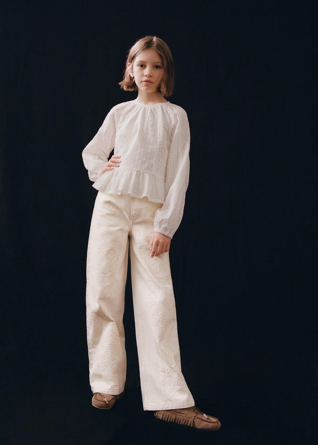 Beige Floral Embroidery Jeans, Kids Girl, Light Beige, large image number 0