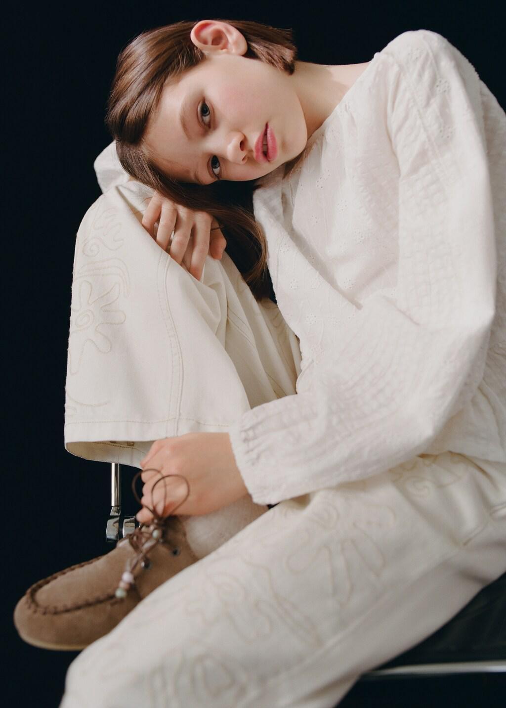 Beige Floral Embroidery Jeans, Kids Girl, Light Beige, large image number 1