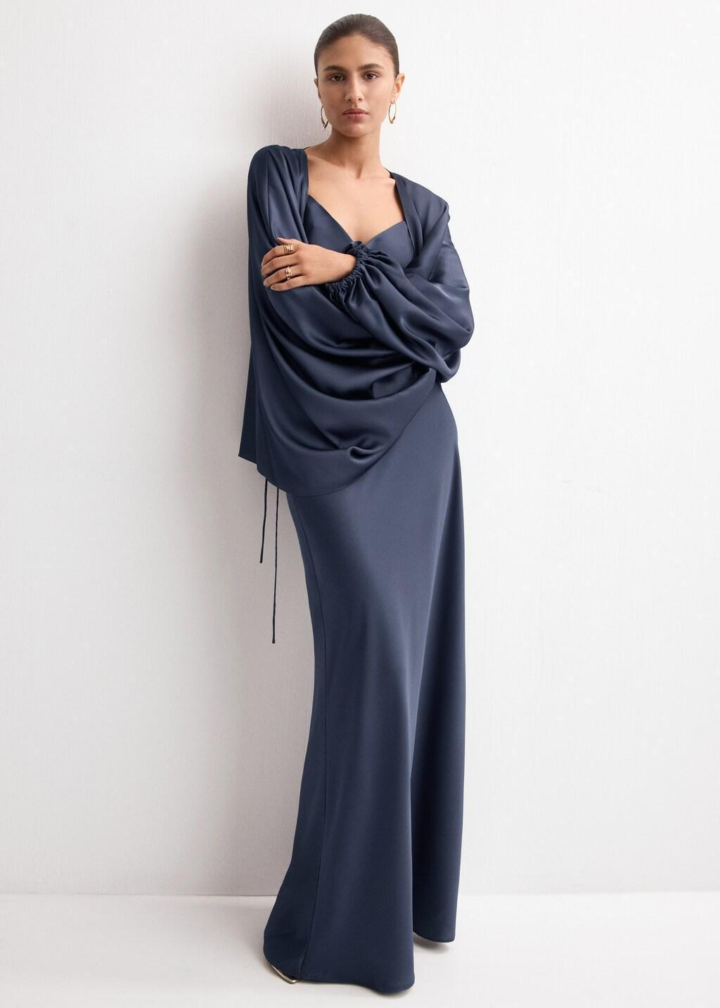 Blue Satin Long Skirt, Dark Blue, medium
